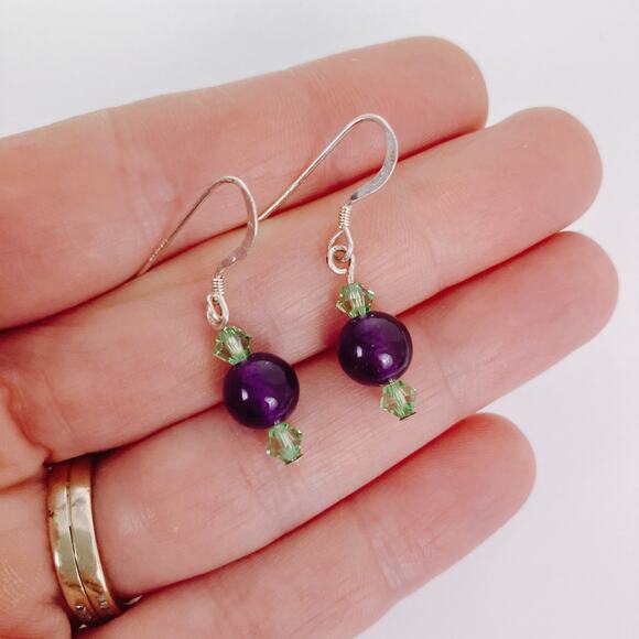 VTG Artisan Amethyst Gemstone Sterling Filled Swarovski Crystal Dangle Earrings - Picture 2 of 12